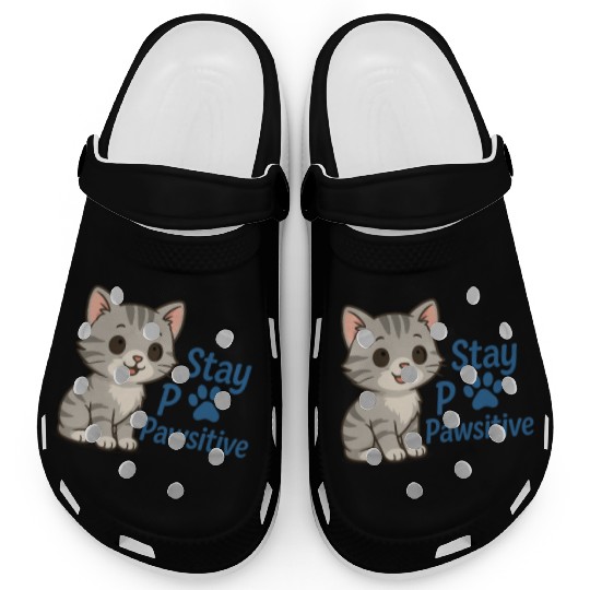 Stay Pawsitive Cat Motif Clogs