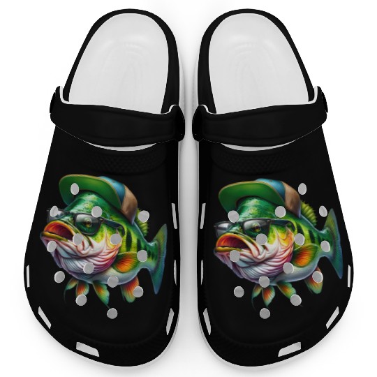Cool Bass Fish with Green Hat and Glasses Clogs