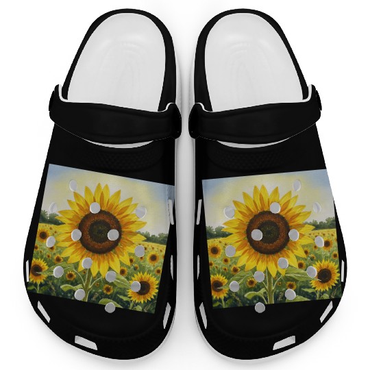 Vibrant Sunflower Field Illustration Clogs