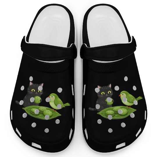 Whimsical Cat Bird Snack Scene Clogs