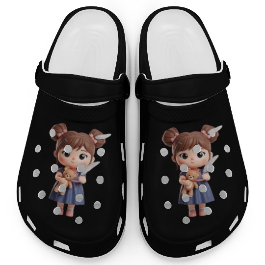 Whimsical Girl with Feather and Teddy Bear Clogs