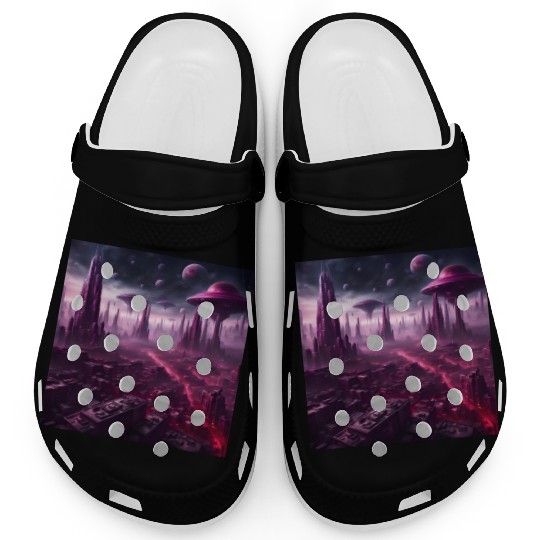 Sci-Fi Future World And Alien City in Neon Pink Clogs