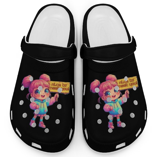 Cute Girl Holding Welcome Sign Clogs