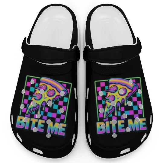 Bite Me – Y2K Glitch Pizza Neon Clogs
