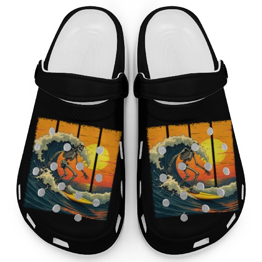 Skeleton Surfer Vintage Surfing Funny Halloween Clogs