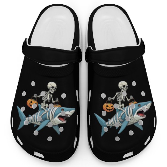 Skeleton Riding Shark Mummy Funny Halloween Clogs