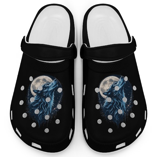 Moonlit Howl Blue Wolf Illustration Clogs