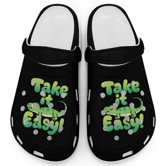 Relaxed Green Lizard – Take it Easy Cartoon Design Clogs