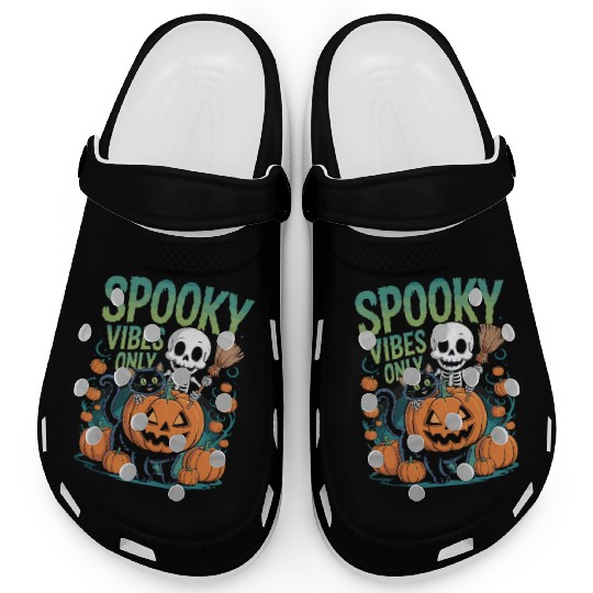 Spooky Vibes Halloween Cat and Skeleton Clogs