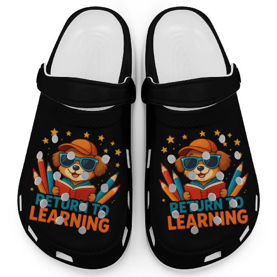 Whimsical Puppy with Pencils and Books Clogs