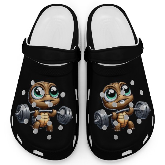 Chibi turtle with barbell weightlifter cartoon Clogs
