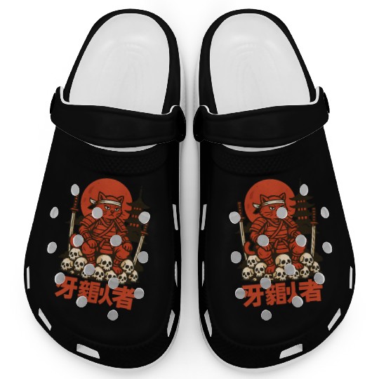 Samurai Cat with Skulls and Pagoda Clogs