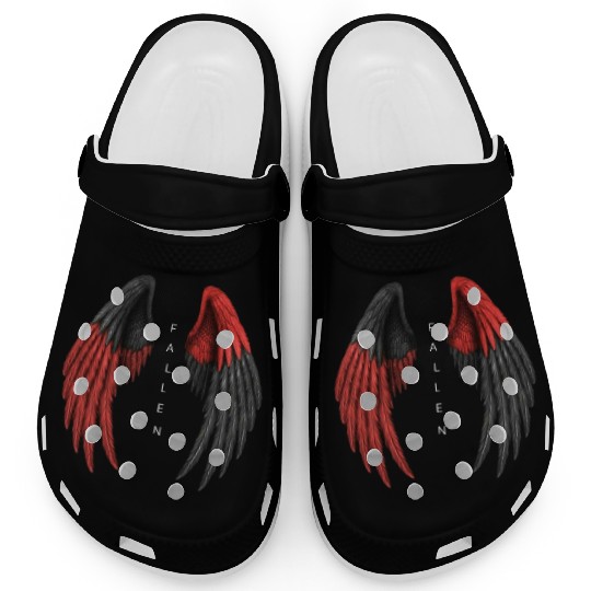 Red and Black Angel Wings Illustration Clogs