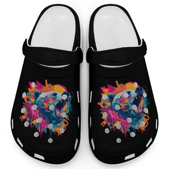 Vibrant Roaring Bear Graffiti Design Clogs