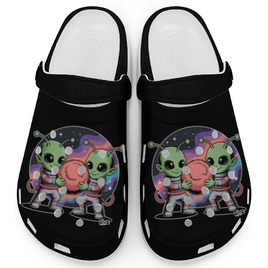 Adorable Alien Friends Embrace Cosmic Unity Clogs