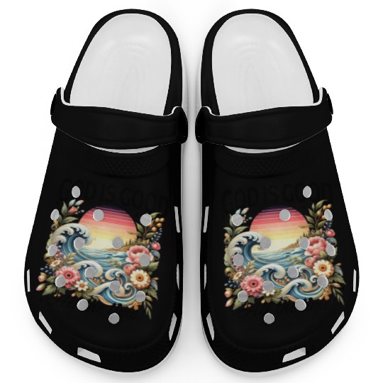 Elegant Wave and Floral Sunset Scene - GOD IS GOOD Clogs