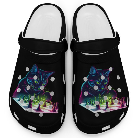 Neon Black Cat Chess Art Clogs