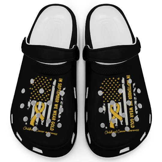 In September We Wear Gold Us Flag Childhood Cancer Clogs