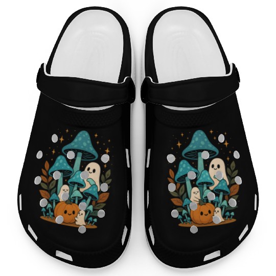 Whimsical Ghost and Mushroom Halloween Scene Clogs