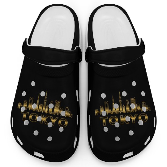 Elegant Tokyo Skyline Gold Line Art Clogs