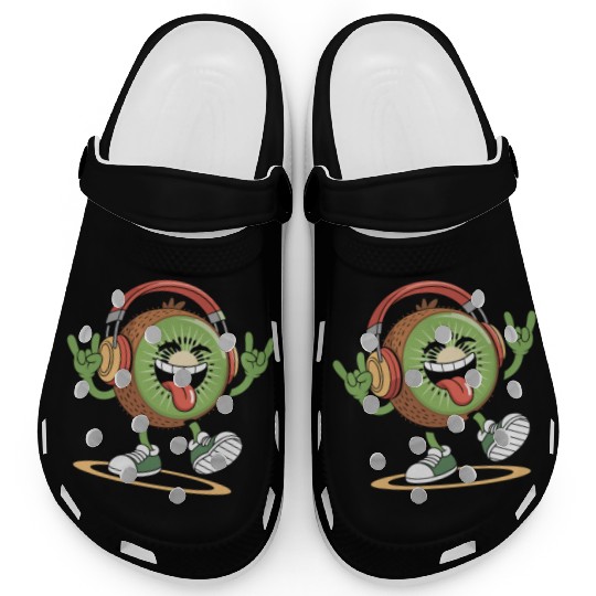 Playful Kiwi Cartoon with Headphones Clogs