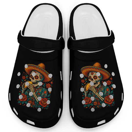 Day of the Dead Skeleton Eating Taco Mexican Folk  Clogs