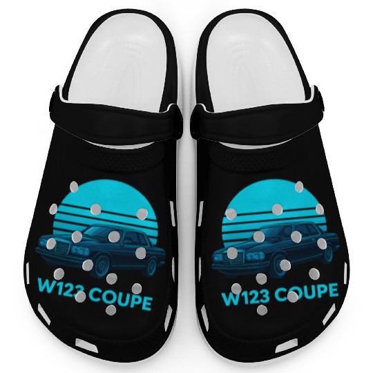 Black W123 Coupe – Neon Retro 80s Style Automotive Clogs