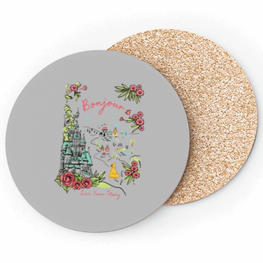 Disney Castle Belle Princess Bonjour Rose , Beauty and the Beast Floral Tee, Magic Kingdom Disneyland Family Holiday 2024 Trip Coasters