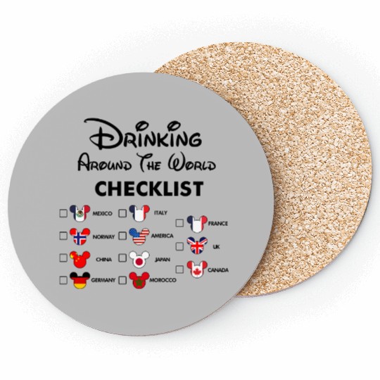 Mickey Beer Minnie Front and Back, Epcot Drinking Around The World , Drinking Around the world checklist, Disney Couple s Coasters