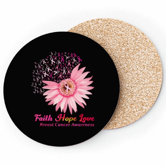 Faith Hope Love Breast Cancer Awareness Flower Pin Coasters