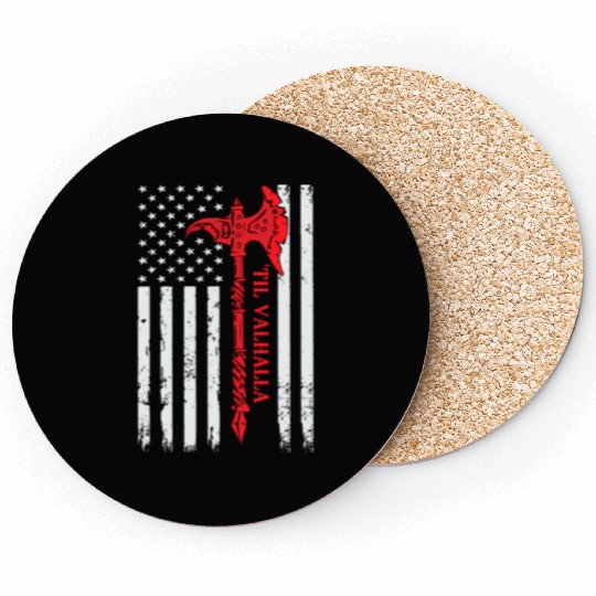 American Viking Axe Flag Til Valhalla Veteran USA Coasters