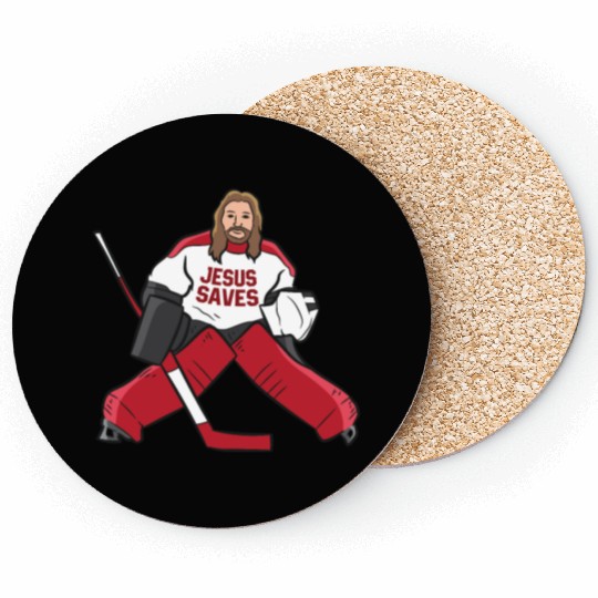 Funny Hockey Jesus Saves Hockey Goalie Coasters