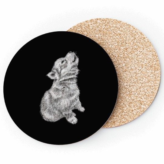 Cute Baby Howling Wolf Cub Sketch Coasters