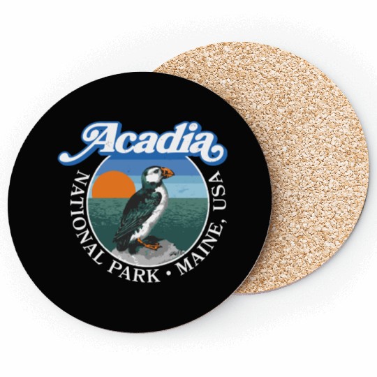 Retro Acadia National Park Vintage Maine Puffin Coasters
