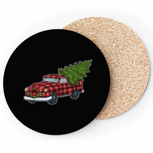 Buffalo Plaid Red Truck Christmas Tree Xmas Gift Coasters