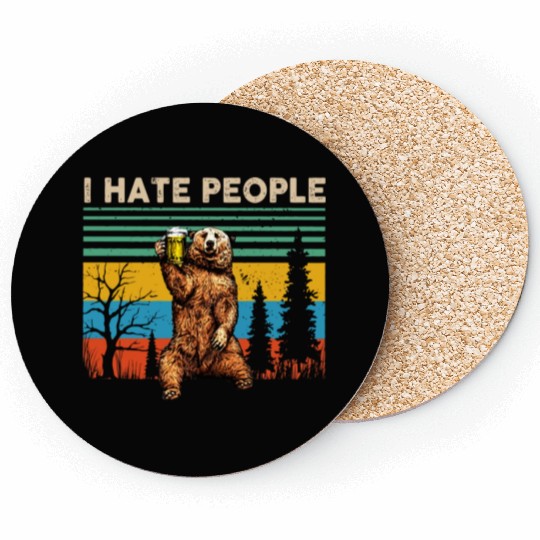 I Hate People Bear Drinking Beer Vintage Coasters