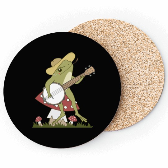Cottagecore Aesthetic Cute Frog On Mushroom Playin Coasters
