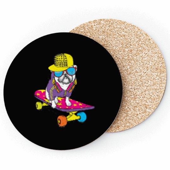 Funny pug on a skateboard Puppy wearing a cap Coasters