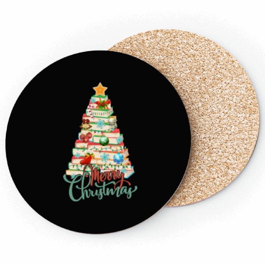 Merry Christmas Books Pine Tree Reading Lovers Coasters