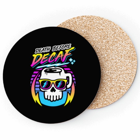 Death Before Decaf (Skull Mug) Retro Neon 80s 90s Coasters