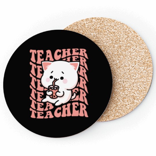 Boba Tea Teacher Cute Kawaii Cat Back To School Coasters