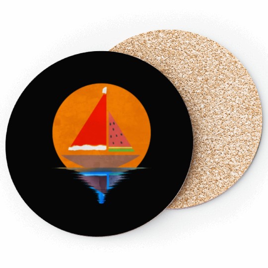 Sundown Sailing Ship Santas Hat Watermelon Coasters