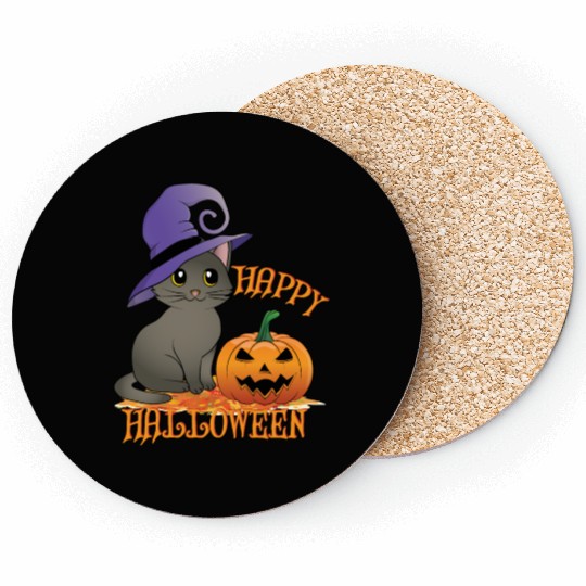 Happy Halloween Cat Pumpkin Witch Hat Coasters