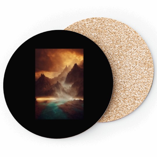 Mountains on a river mystery painting Coasters