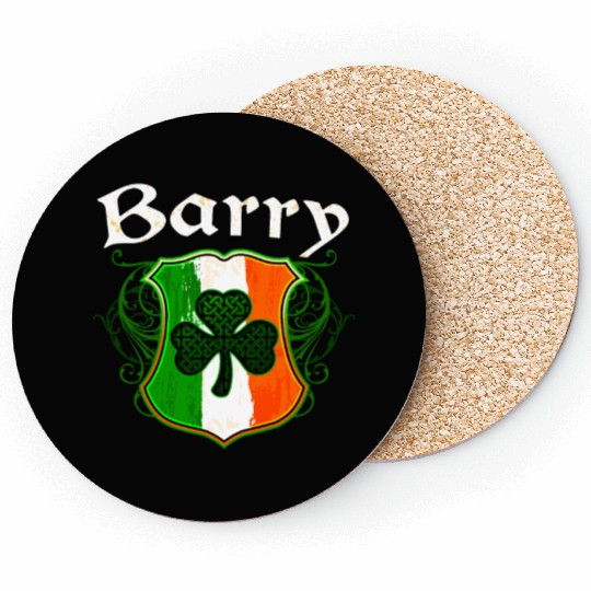 Barry Irish Surname Ireland Flag Shield Shamrock Coasters