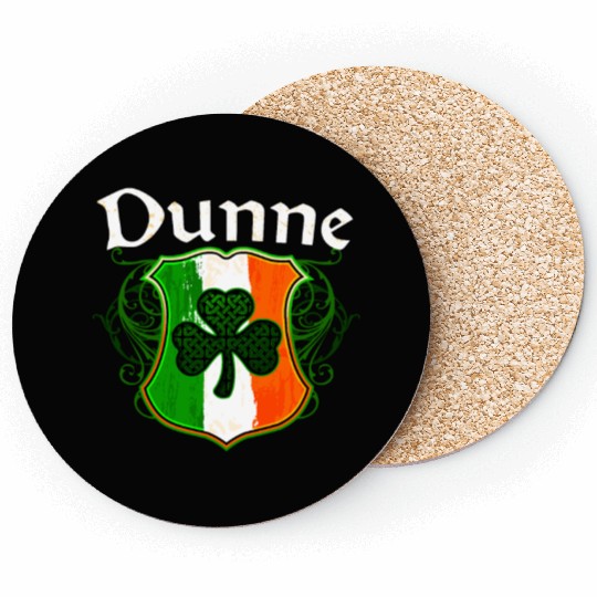 Dunne Irish Surname Ireland Flag Shield Shamrock Coasters