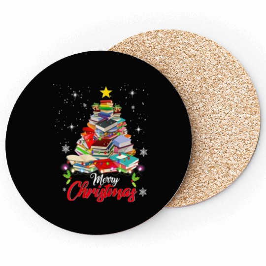 Merry Christmas Tree Love Reading Books Librarian Coasters