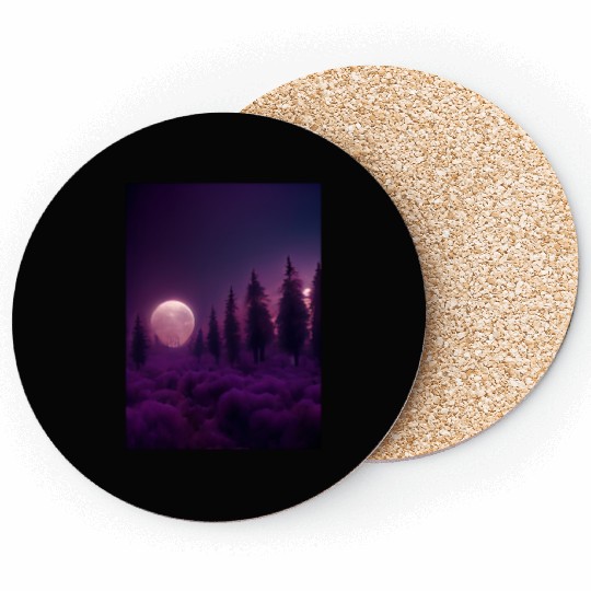 Forest in night above purple clouds, moon Coasters