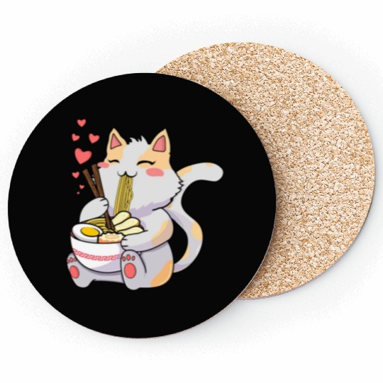 Funny Kawaii Cat Eating Ramen - Kawaii Neko Cat Coasters