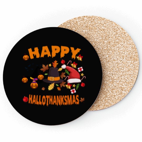 Wine Halloween Christmas Happy Hallothanksmas Coasters